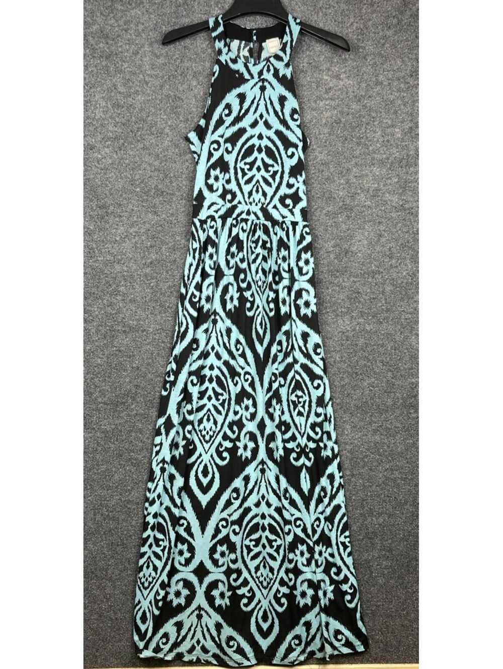Hershe Womens Size M Maxi Sleeveless Black Turquoise Damask Scoop Neck Dress EUC